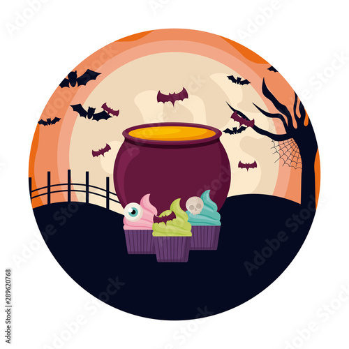 scene of cauldron with icons halloween