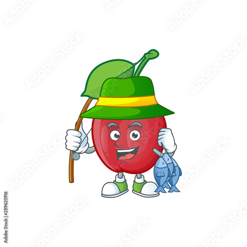 Fishing bing cherries sweet in character mascot shape.