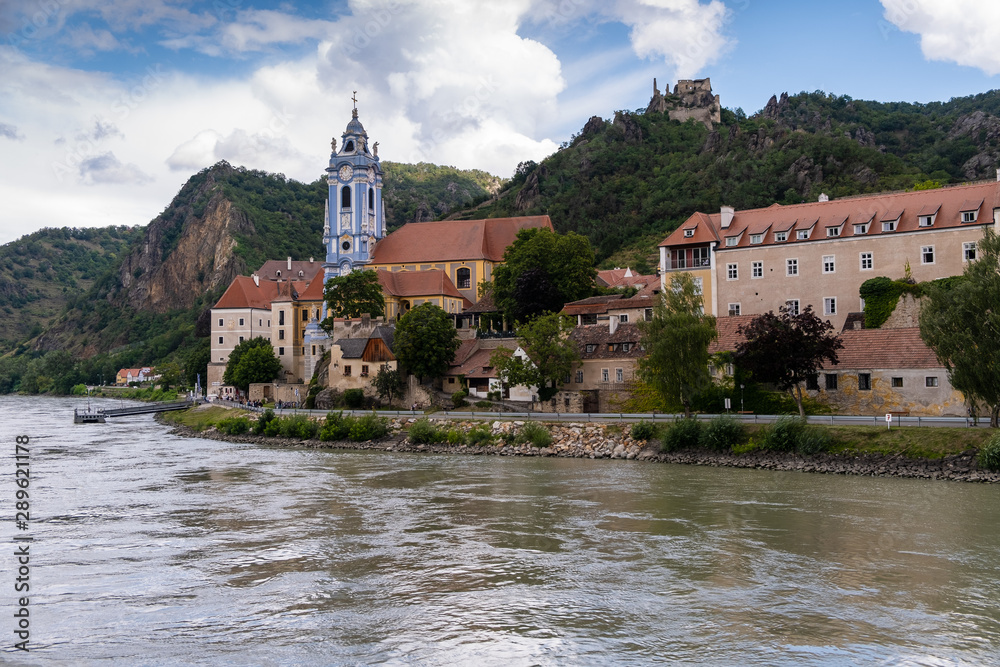 view of Durnstein town next to the Danube river