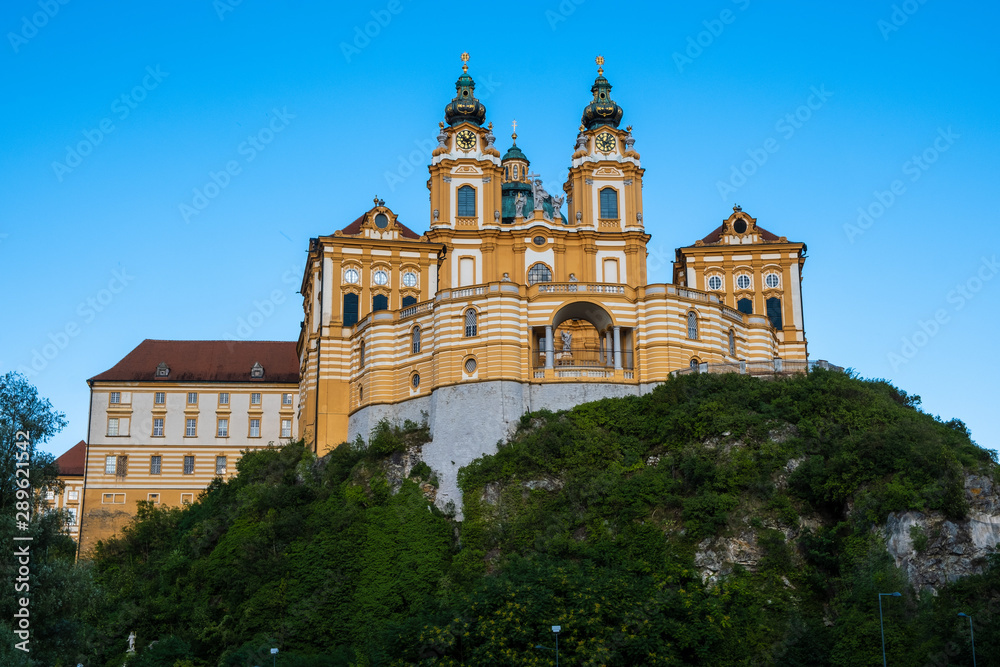 View of the historic Melk Abbey from Danube river
