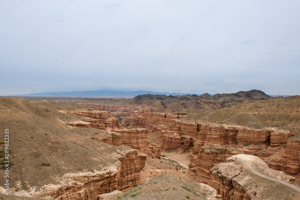 Charyn Canyon, Charyn River Valley. Red rocks and vertical canyon. Almaty region, Kazakhstan.