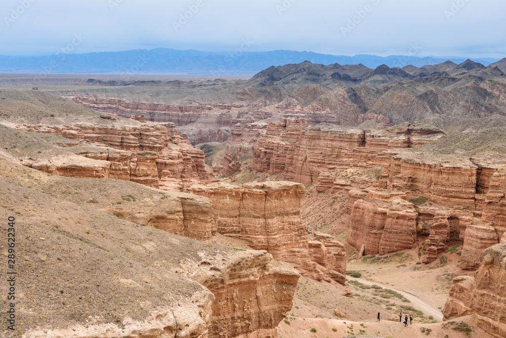 Charyn Canyon, Charyn River Valley. Red rocks and vertical canyon. Almaty region, Kazakhstan.