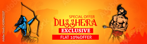 Dussehra festival sale banner or poster design Lord Rama killing Ravana in Navratri festival of India Happy Dussehra celebration