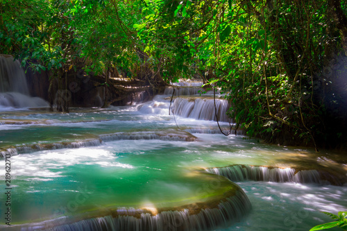 Tad Kwang Sri Waterfall , Luang Prabang Province Laos these waterfalls are a favorite side trip for tourists in Luang Prabang. The falls begin in shallow pools atop a steep hillside. P