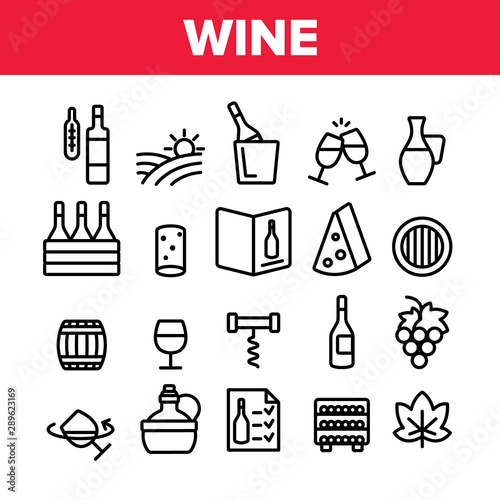 Wine Product Collection Elements Vector Icons Set Thin Line. Wine Bottle And Glasses, Barrel And Card, Cheese And Grape Concept Linear Pictograms. Vineyard Monochrome Contour Illustrations