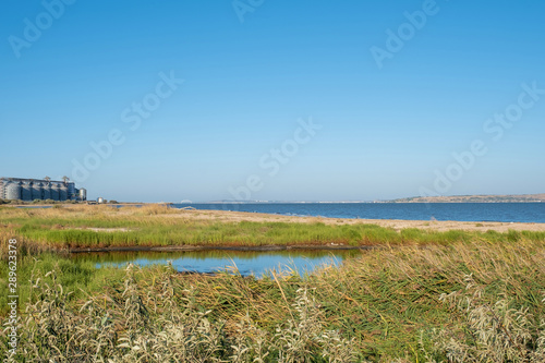 View of the Kerch Strait  Crimea and in the distance the Crimean Bridge.