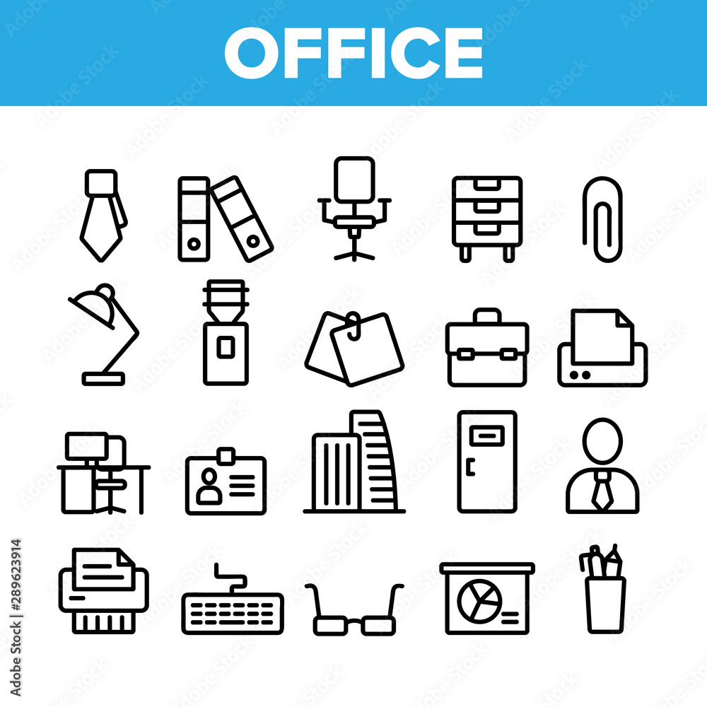 Office Job Collection Elements Vector Icons Set Thin Line. Office Chair And Lamp, File Folder And Paper Clip, Building And Manager Concept Linear Pictograms. Monochrome Contour Illustrations Office Job Collection Elements Vector Icons Set Thin Line. Office Chair And Lamp, File Folder And Paper Clip, Building And Manager Concept Linear Pictograms. Monochrome Contour Illustrations