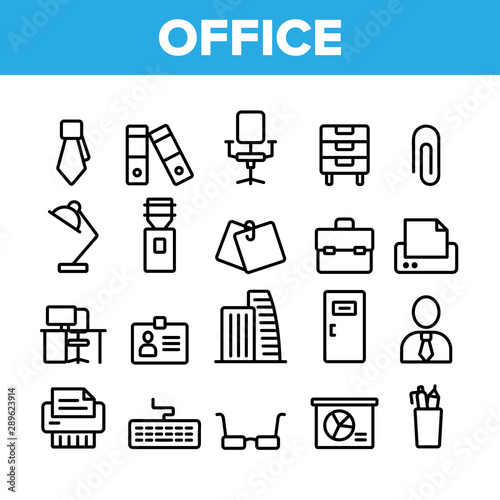 Office Job Collection Elements Vector Icons Set Thin Line. Office Chair And Lamp, File Folder And Paper Clip, Building And Manager Concept Linear Pictograms. Monochrome Contour Illustrations