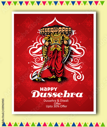 Dussehra festival sale banner or poster design Lord Rama killing Ravana in Navratri festival of India Happy Dussehra celebration