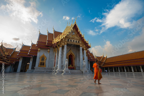 .BANGKOK, THAILAND - April 27, 2019: novic in Wat Benchamabophit going to study
