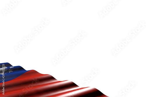 Free Download beautiful glossy flag of Myanmar with large folds lay in left bottom corner isolated on white - any holiday flag 3d illustration.. - GFXLoad