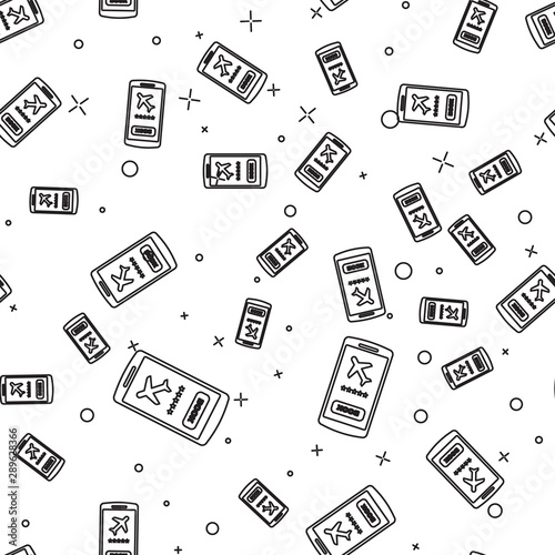 Black line Smartphone with electronic boarding pass airline ticket icon isolated seamless pattern on white background. Passenger plane mobile ticket for web and app. Vector Illustration
