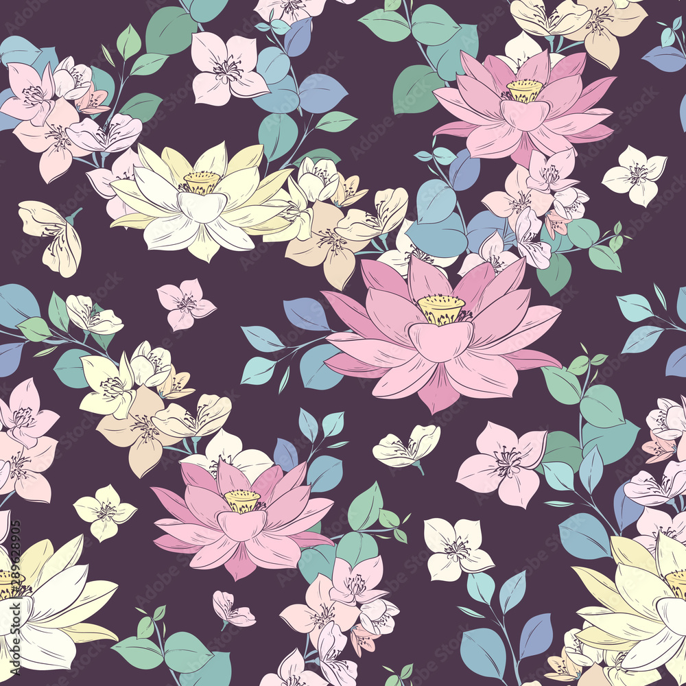 Seamless pattern with light flowers and green branches