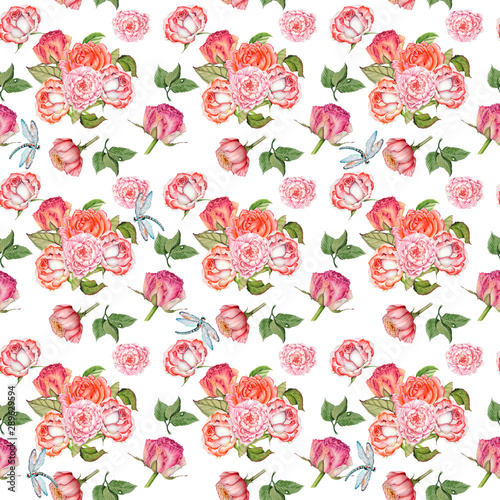 pattern of bouquets of roses and dragonflies