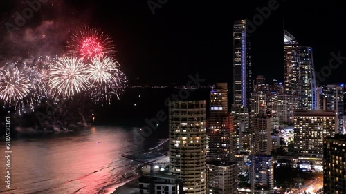 Fireworks over ocean in Gold Coast, Queensland, Australia