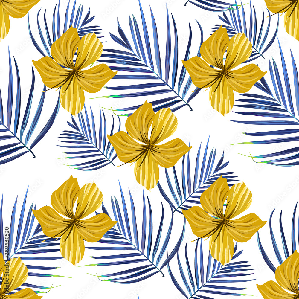 Hibiscus pattern. Tropic palm leaf. Seamless background