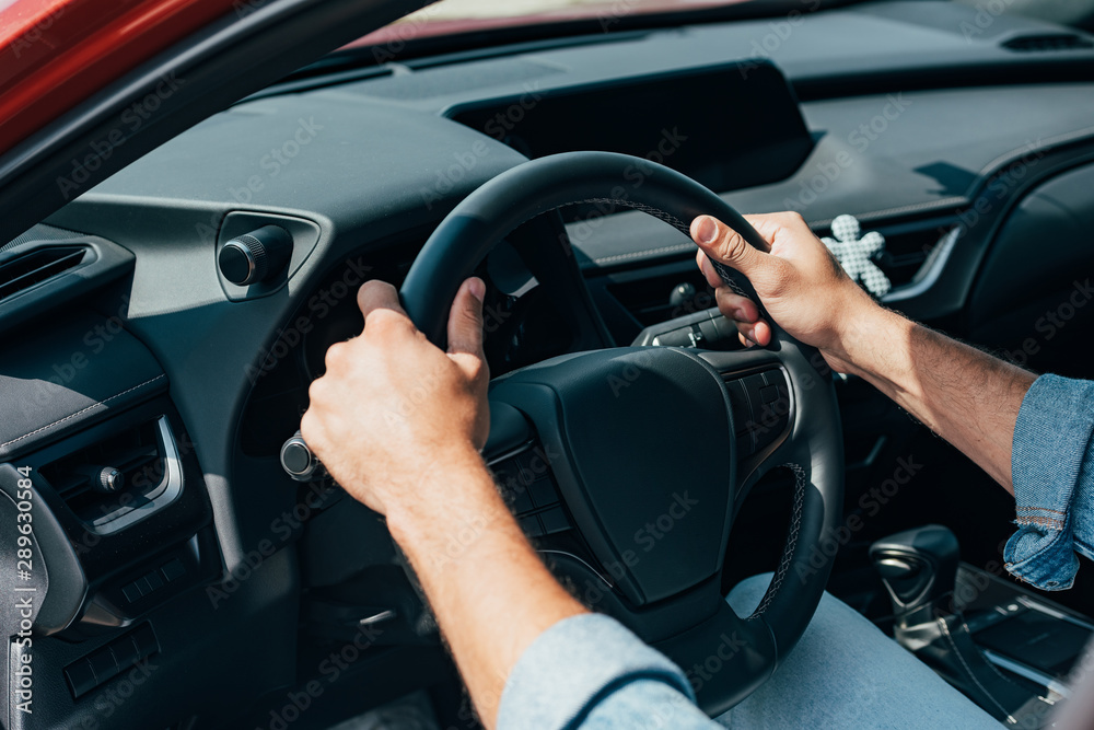 cropped view of young adult man sitting in car