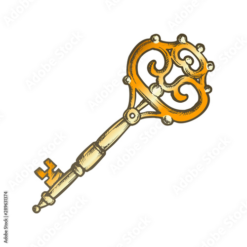 Classical Key Filigree Medieval Monochrome Vector. Unlock Warded Lock Detail Traditional Metallic Skeleton Key. House Security Template Hand Drawn In Vintage Style Color Illustration