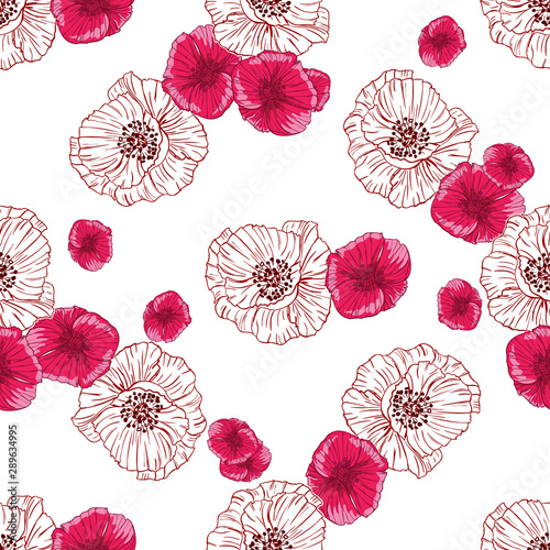 Flourish poppies pattern in line art style. Poppy flower line art. Botanical seamless vector texture. Colorful background blossoming bloomy vector. Wildflowers handcrafted artsy poppy surface design
