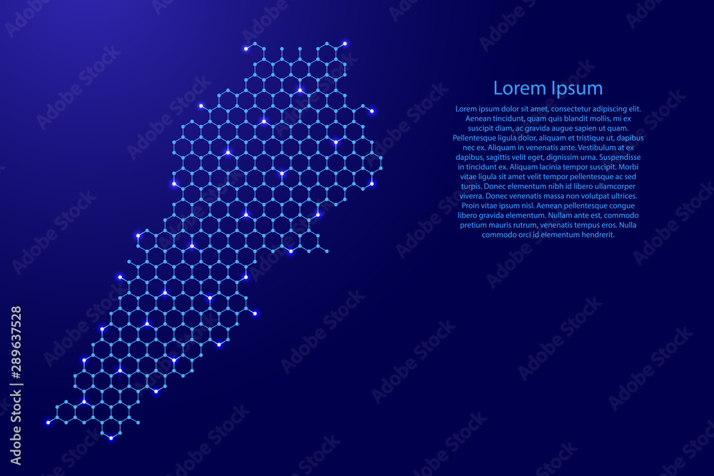 Lebanon map from futuristic hexagonal shapes, lines, points  blue and glowing stars in nodes, form of honeycomb or molecular structure for banner. Vector illustration.