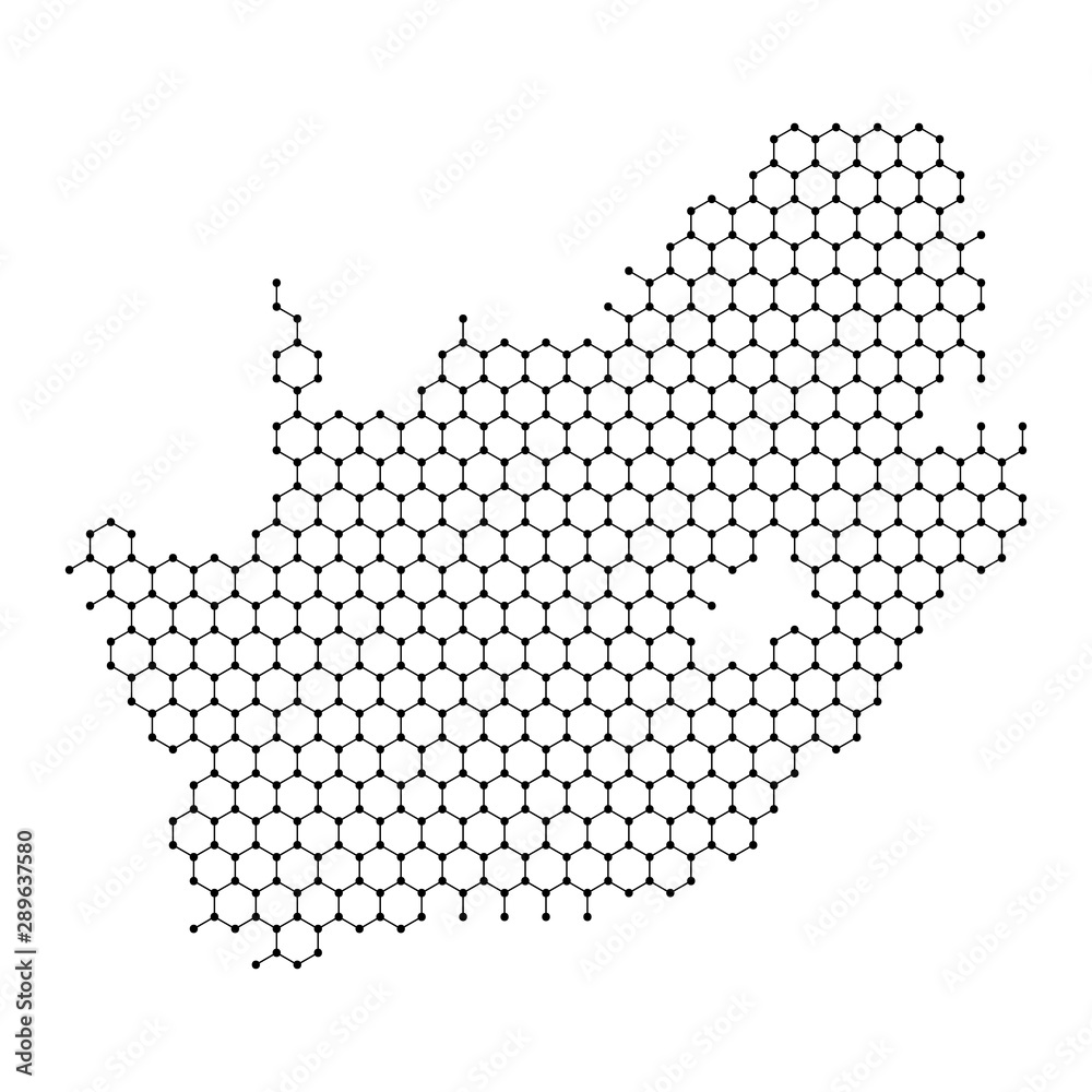South Africa map from abstract futuristic hexagonal shapes, lines, points black, in the form of honeycomb or molecular structure. Vector illustration.
