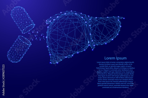 Human liver organ and the substance of the open capsules pills treatment therapy cure existing medical concept from futuristic polygonal blue lines and glowing stars for banner. Vector illustration.