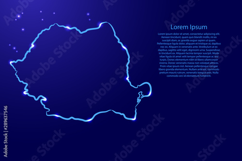 Fototapeta Romania map from the contour blue brush lines different thickness and glowing stars on dark background