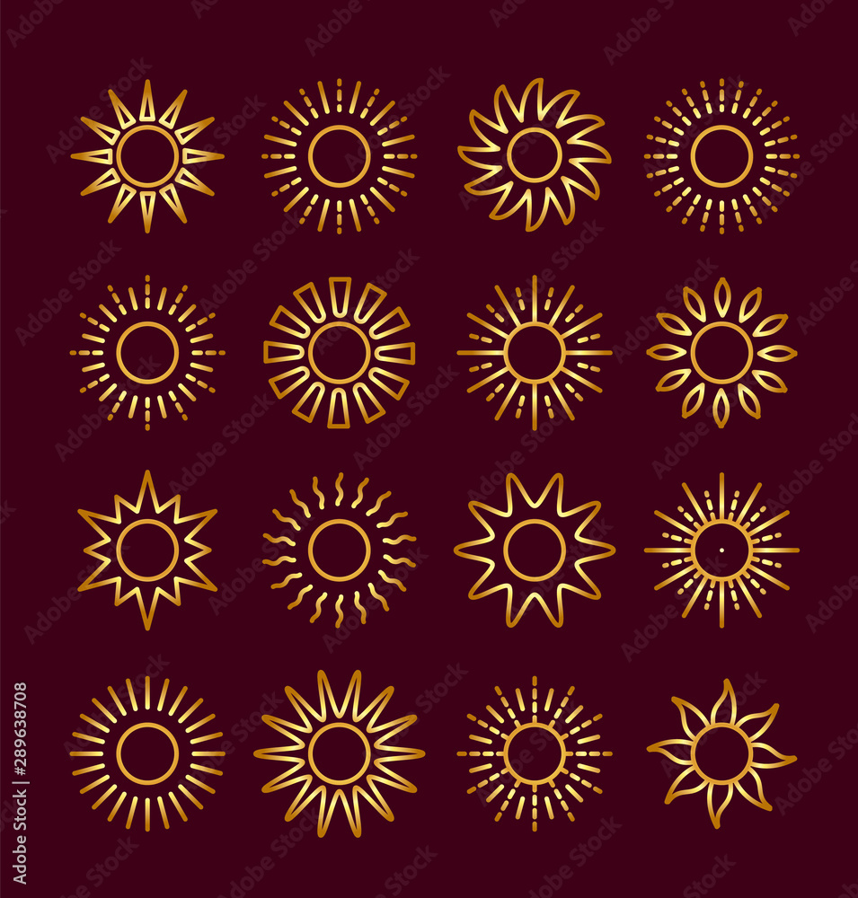 Golden sun icons with different rays. Gold summer symbols with gradient. Line sunlight signs on dark background. Vector illustration