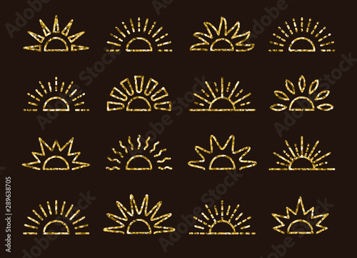 Golden glitter sunrise & sunset symbol collection with foil mosaic texture. Thin line vector icons. Morning, evening gold sunlight signs. Isolated objects