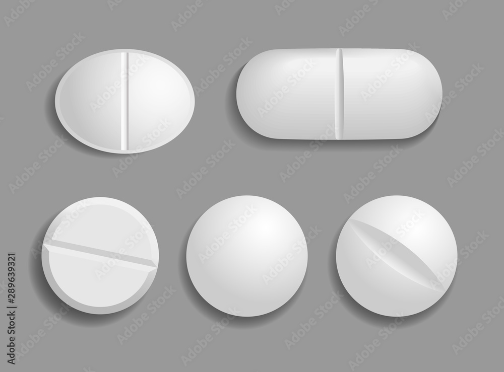 Set of medical white tablets. Flat and convex pills in 3D style with shadow are isolated on gray background. Top view. Realistic vector illustration - obrazy, fototapety, plakaty 