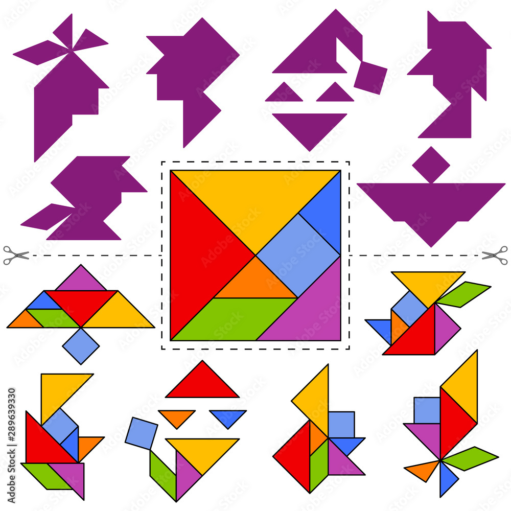Set of vector tangram puzzles (geometric puzzle) for the development of logical thinking of children and adults. Collection of 6 faces of people. Answer card. Vector illustration Set of vector tangram puzzles (geometric puzzle) for the development of logical thinking of children and adults. Collection of 6 faces of people. Answer card. Vector illustration