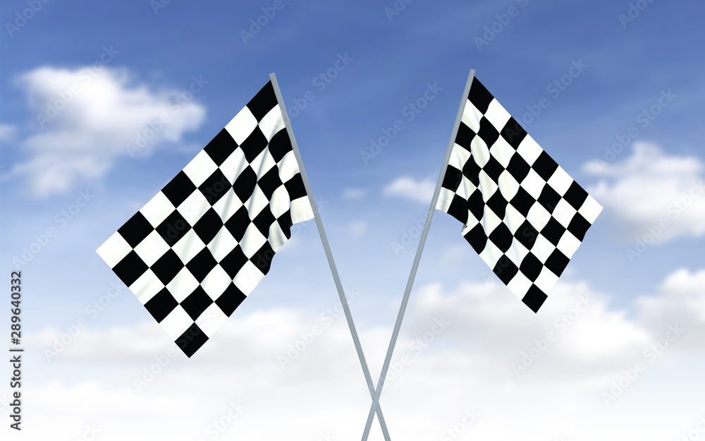 Checkered flags on a sky background, car racing sport. Start flags, 3d render.