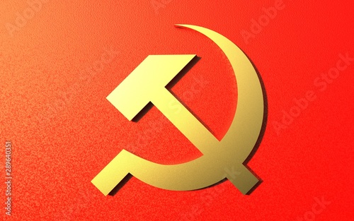 Fotografie Golden hammer and sickle on a red background