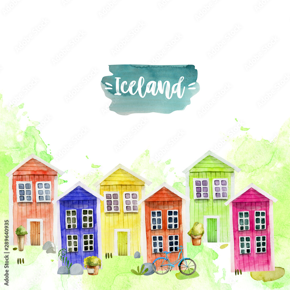 Card template with watercolor cute colorful nordic wooden houses, hand painted on a white background, Iceland card design