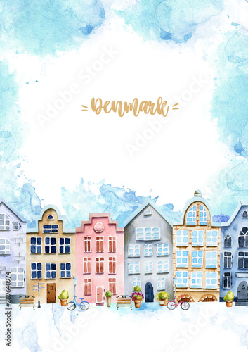 Card template with scandinavian houses, nordic architecture, hand painted on a white background and blue watercolor splashes, Denmark card design
