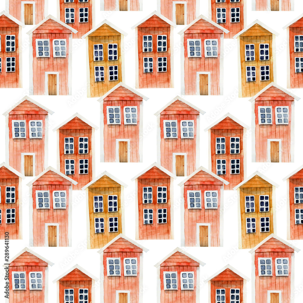 Seamless pattern of watercolor red icelandic wooden houses, hand painted on a white background