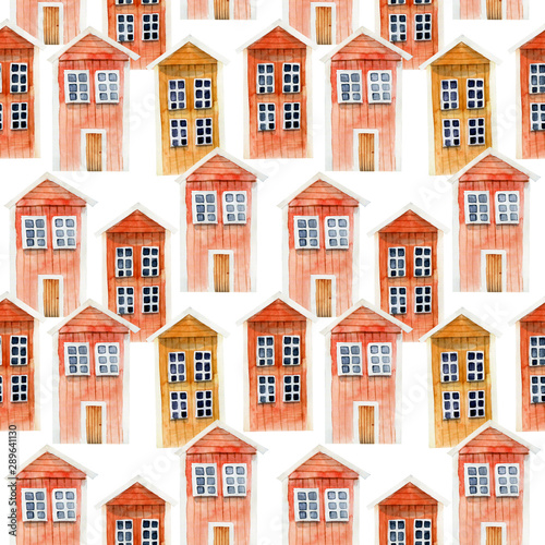 Seamless pattern of watercolor red icelandic wooden houses, hand painted on a white background © nastyasklyarova