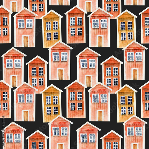 Seamless pattern of watercolor red icelandic wooden houses, hand painted on a dark background