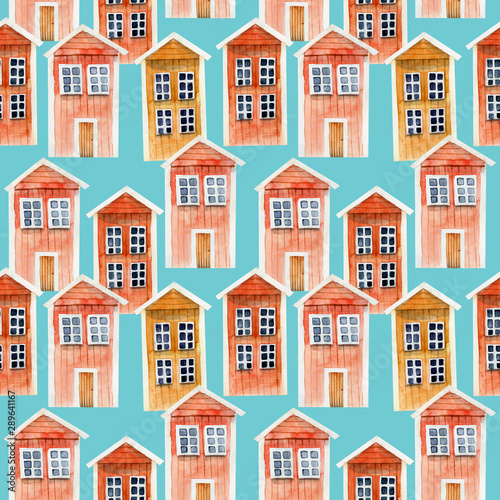 Seamless pattern of watercolor red icelandic wooden houses, hand painted on a blue background