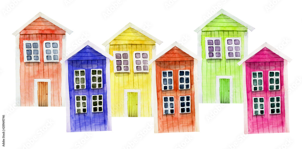 Illustration of watercolor cute colorful nordic wooden houses, hand painted on a white background