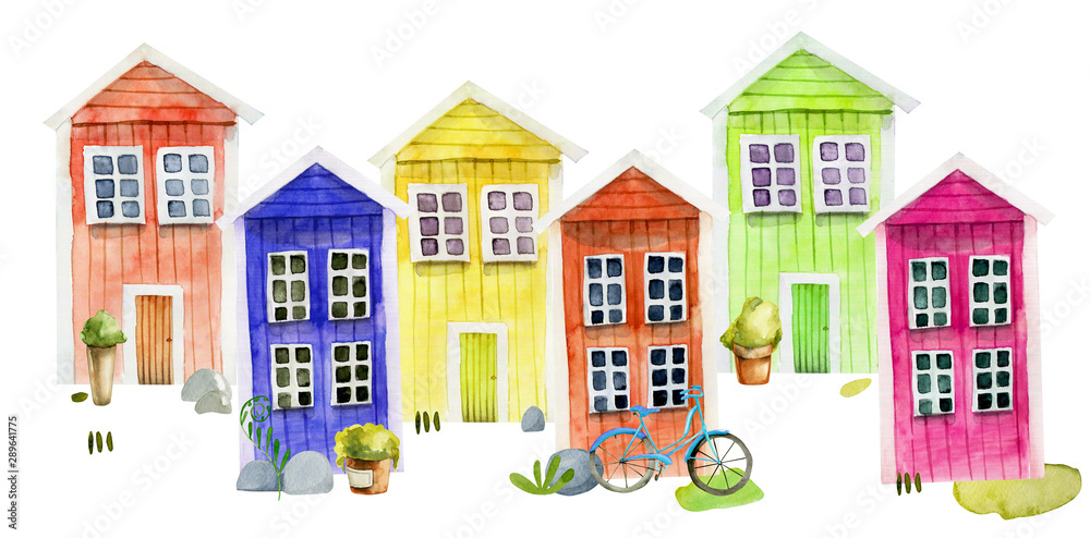Illustration of watercolor cute colorful nordic wooden houses and street attributes, hand painted on a white background
