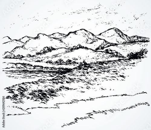 The path by the mountain lake. Vector drawing