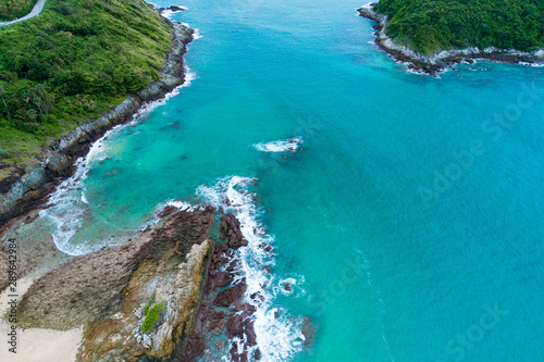 Aerial drone bird's eye view photo of tropical sea with Beautiful island at phuket thailand