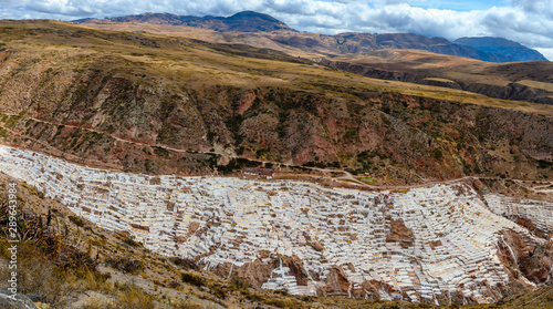 Panoramic view of Salt terraces of Maras   Salineras de Maras   in the region of Cusco  Peru.