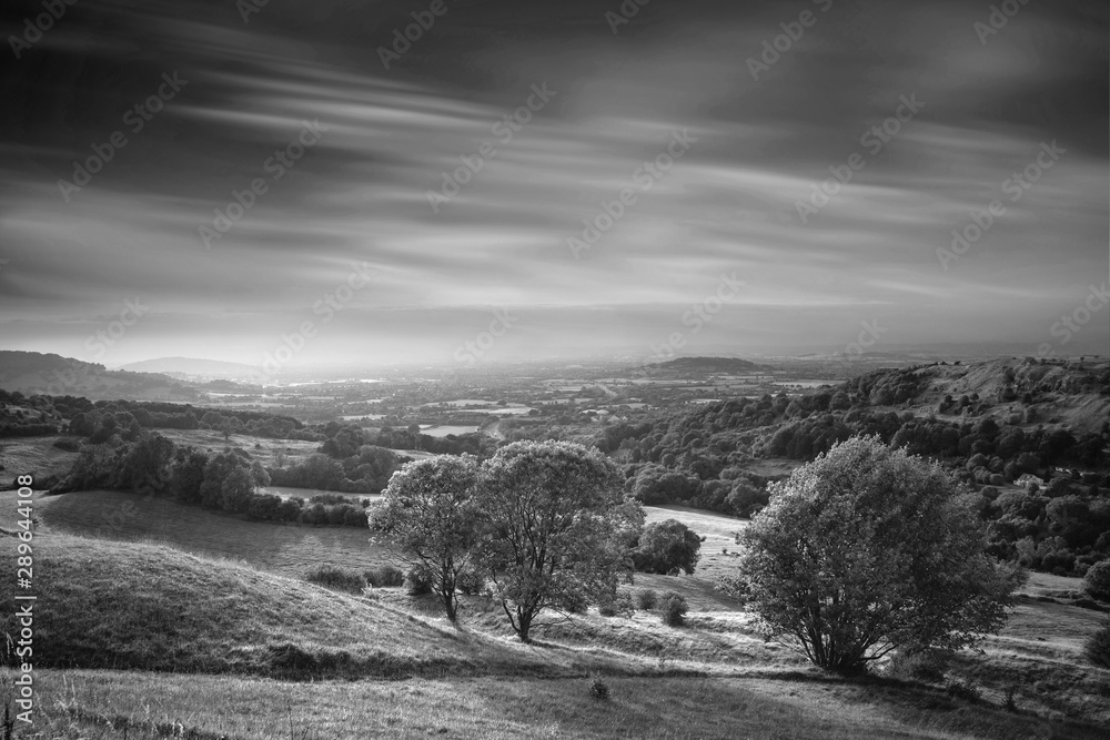Stunning black and white landscape image of view over English countryside during Summer sunset with soft light