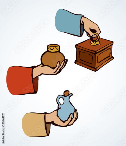 Gifts of gold, frankincense and myrrh. Vector drawing