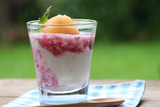 Blueberry Yogurt with melon topping put on wood table morning time with green nature background