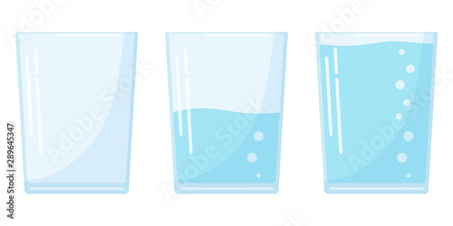 Flat design three water glass icon set in cartoon style isolated on white background, full, half and empty soda glass.