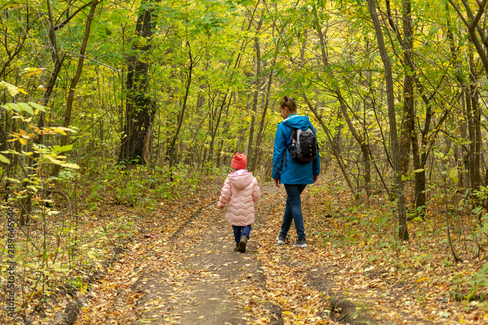 Mother and daughter are walking in the autumn forest