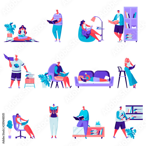 Set of flat people reading or students studying characters. Bundle cartoon people book lovers, readers, literature fans isolated on white background. Vector illustration in flat modern style.